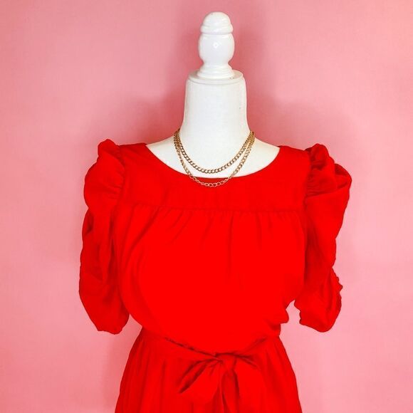 Red Ruched Sleeve Dress  - Picture 7 of 8